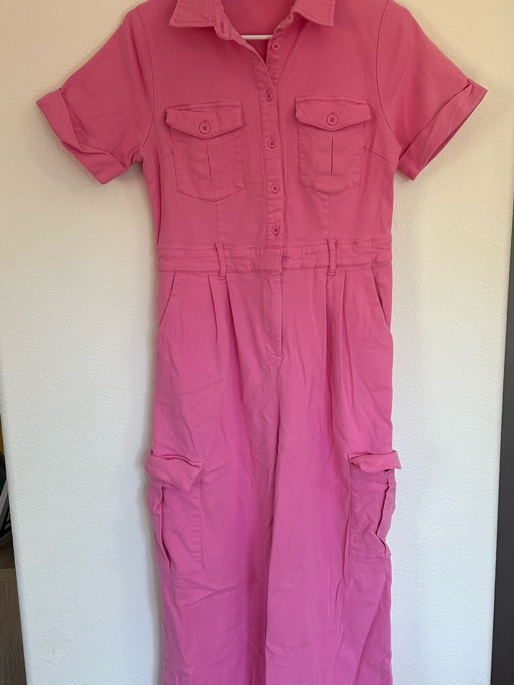 Women's Pink Short-Sleeve Cargo Jumpsuit